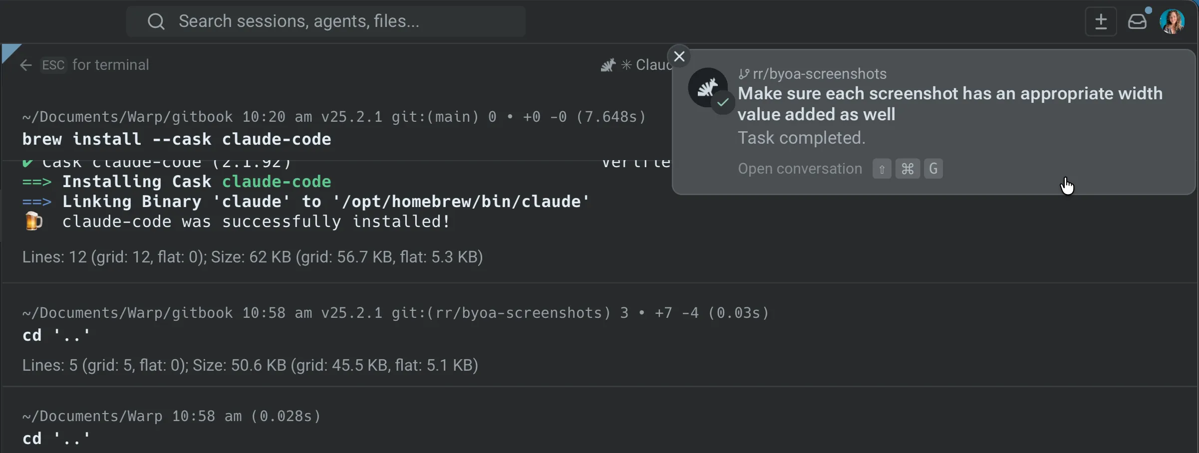A Warp toast notification in the upper-right corner showing an agent task completed, with an Open conversation action and a keyboard shortcut chip
